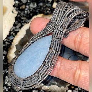 Copper Wire-Wrapped Blue Anhydrite Angelite Pendant 2 7/8”